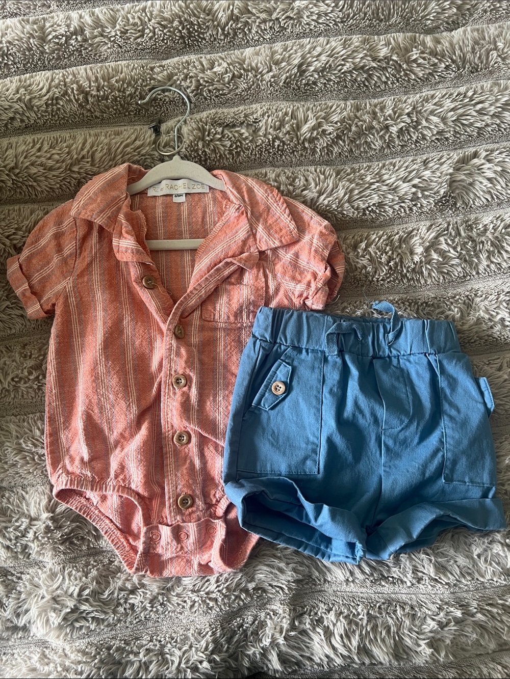 Rachel Zoe Coral-Striped Button Romper with Sky Blue Shorts